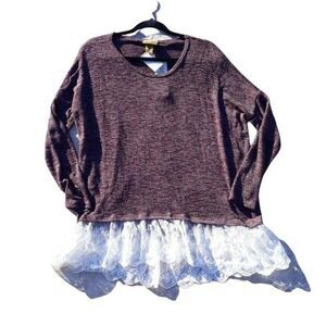 90's Wrangler Western Grunge Marled Knit Oversized Tunic Top  Lace Hem Wine Sz S